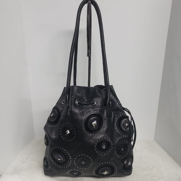 Berge Handbags - Berge Black Leather Studded Drawstring Hobo Shoulder Bag